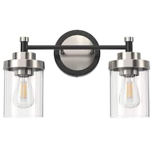 15.3 in. 2-Light Black and Nickel Modern Vanity Light with Clear Ribbed Glass Shades E26 Sockets