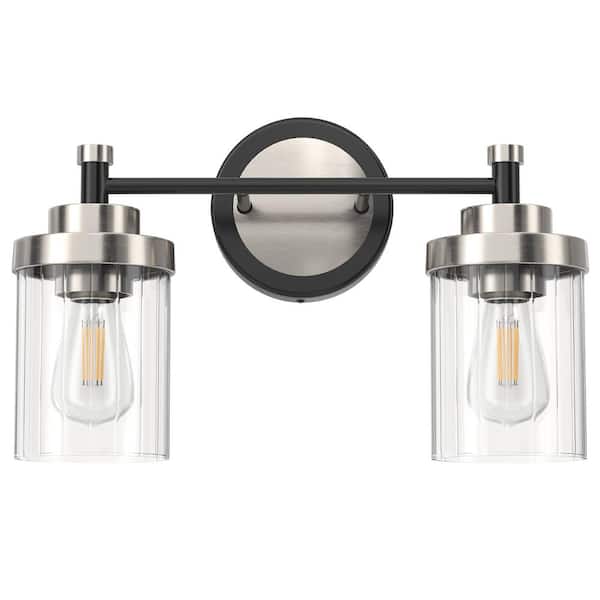 Merra 15.3 in. 2-Light Black and Nickel Modern Vanity Light with Clear Ribbed Glass Shades E26 Sockets
