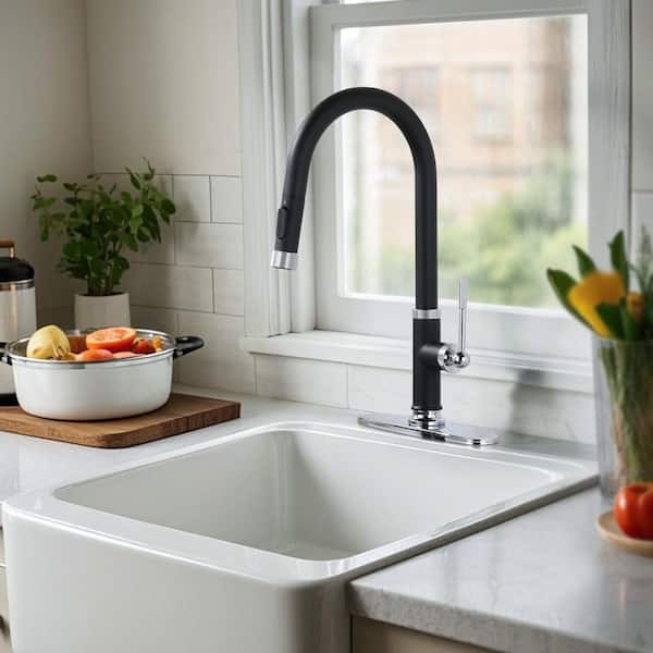 17 in. Single Handle Metal Pull Down Sprayer Kitchen Faucet with 360° Swivel Spout and Supply Hoses in Black and Chrome