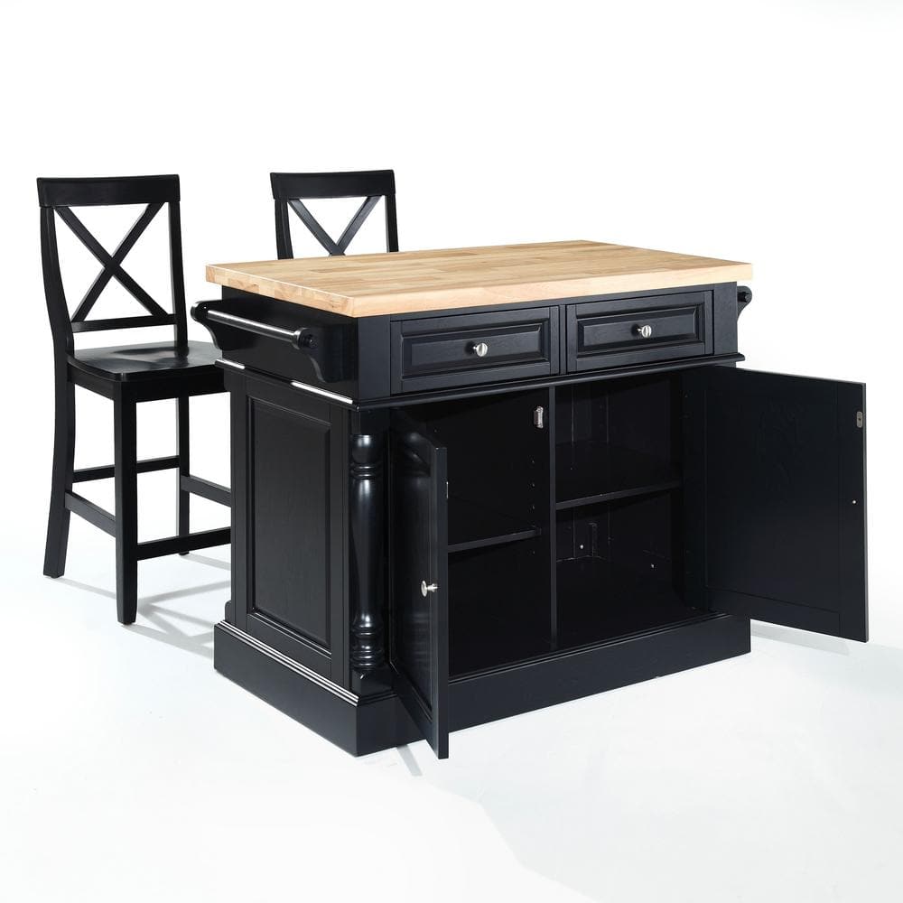 Oxford 50'' Black Solid Wood Kitchen Island Set with X-Back Stools