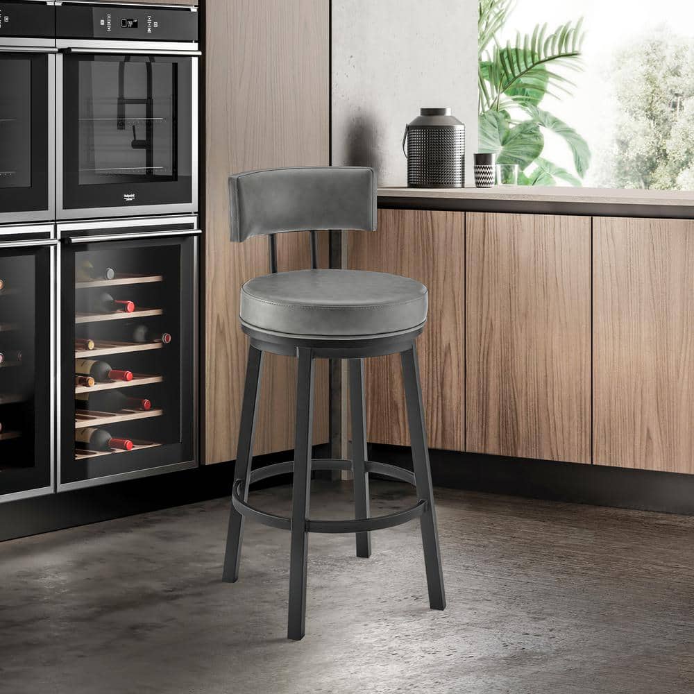 Gray Faux Leather Swivel Bar Stool with Metal Frame