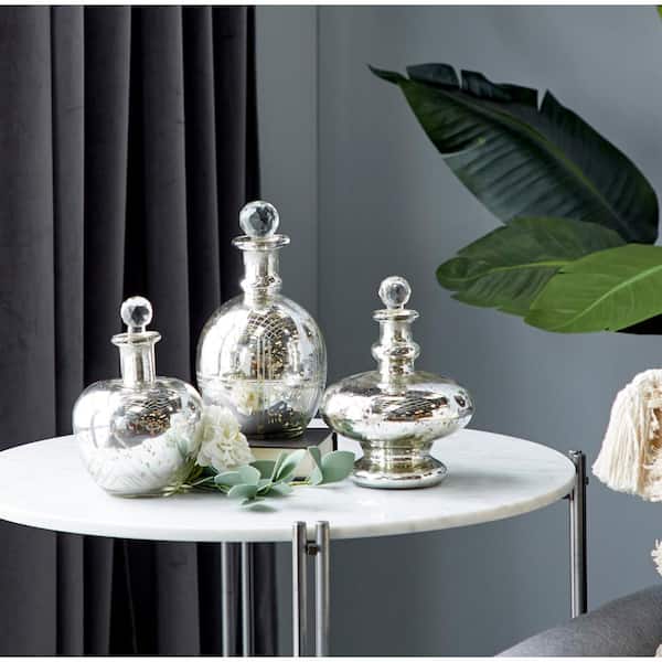 Litton Lane Silver Glass Decorative Jars with Crystal Stoppers (Set of 3)