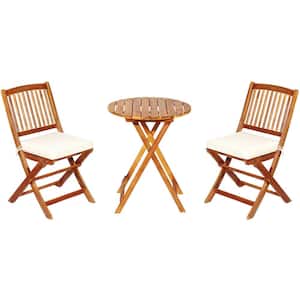 Natural 3-Piece Wood Outdoor Dining Set with White Cushions