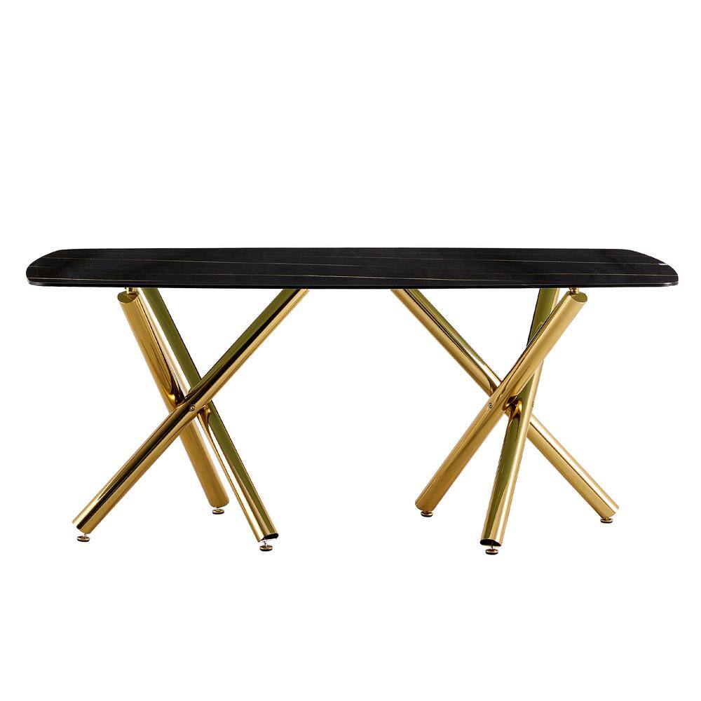 Polibi Black Glass Top Material 70.87 in. Golden Double Cross Legs