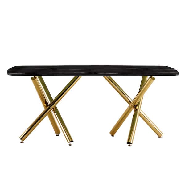 Polibi Black Glass Top Material 70.87 in. Golden Double Cross Legs Table Base Type Dining Table Seats 6