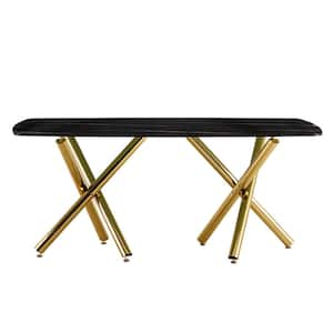 Black Glass Top Material 70.87 in. Golden Double Cross Legs Table Base Type Dining Table Seats 6