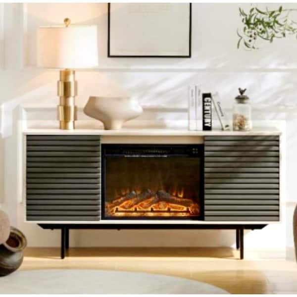 ToolCat 58 in. Wooden Freestanding Electric Fireplace TV Stand with Remote Control and Embedded in the Middle, Dark Gray
