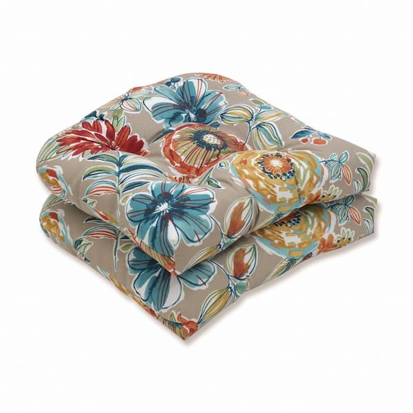 Pillow Perfect Floral 19 in. x 19 in. Outdoor Dining Chair Cushion in Tan/Blue/Green (Set of 2)