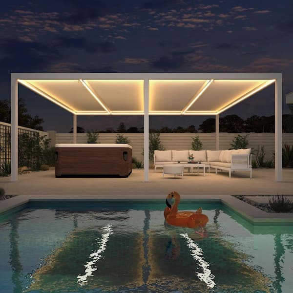 PURPLE LEAF 12 ft. x 20 ft. White Aluminum Frame Outdoor Louvered Pergola Gazebo with Adjustable Rainproof Roof and LED Strip Lights