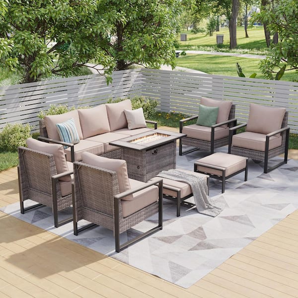 Sonkuki 8-Piece Patio Conversation Set with Fire Pit Table All-Weather Gray Wicker with Sand Cushion