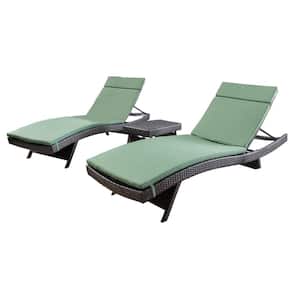 Miller Multi-Brown 3-Piece Faux Rattan Outdoor Chaise Lounge and Table Set with Jungle Green Cushions