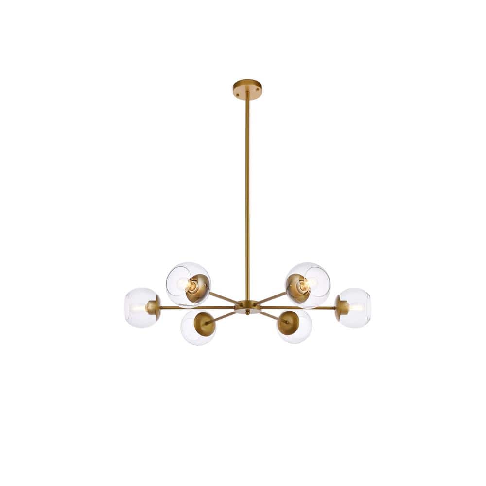 Home Living 40-Watt 6 Light Brass Pendant Light with Glass Shade, No Bulbs 