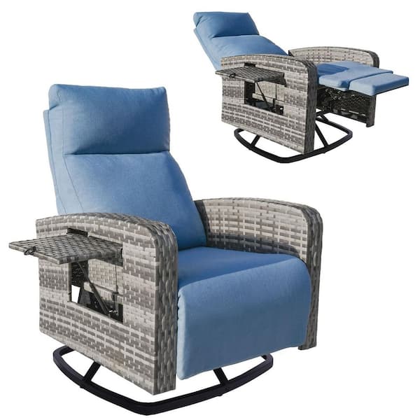 Rattan Swivel Recliner Chair with Ottoman for Patio, Balcony, Living Room Accent and Lounge Chair Blue