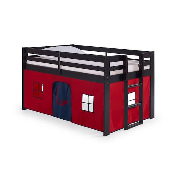 Alaterre Furniture Jasper Espresso with Red/Blue Bottom Playhouse Tent Twin Junior Loft Bed