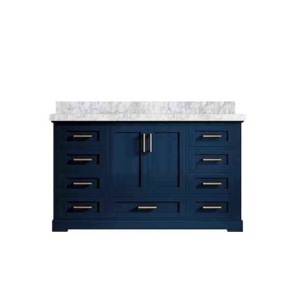 Willow Collections Boston 60 in. W x 22 in. D x 36 in. H Single Sink Bath Vanity in Navy Blue with 2" Carrara Marble Top