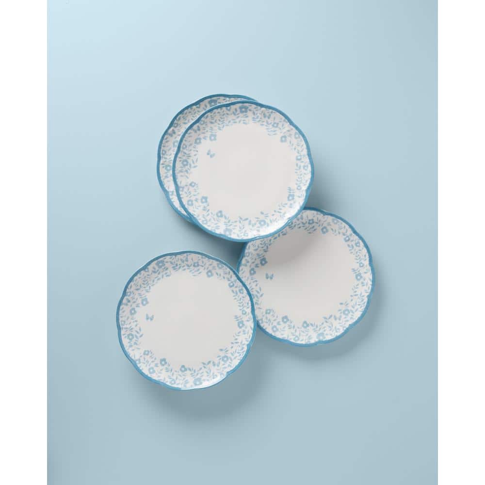 Cornflower Blue Porcelain Scalloped Edge Dinner Plates, Set of 4