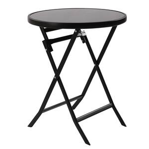 23.6 in. Black Round Metal Outdoor Bistro Table with Tempered Glass Tabletop