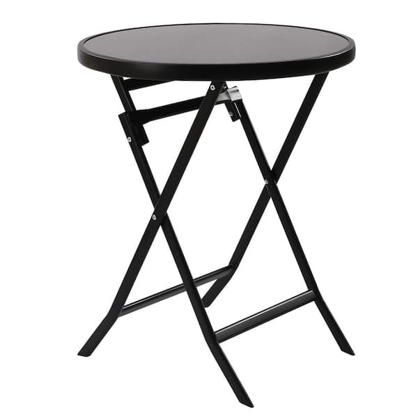 YIYIBYUS 23.6 in. Black Round Metal Outdoor Bistro Table with Tempered Glass Tabletop