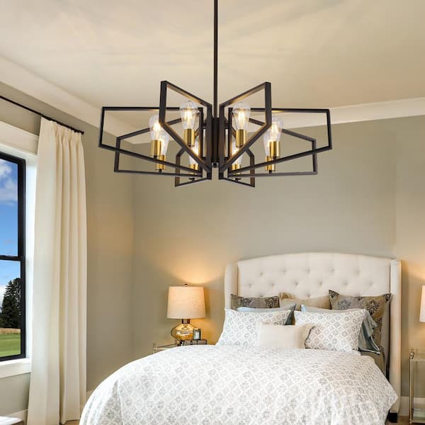 8-Light Gold Farmhouse Chandelier for Kitchen Island, Hanging Industrial Metal Chandelier