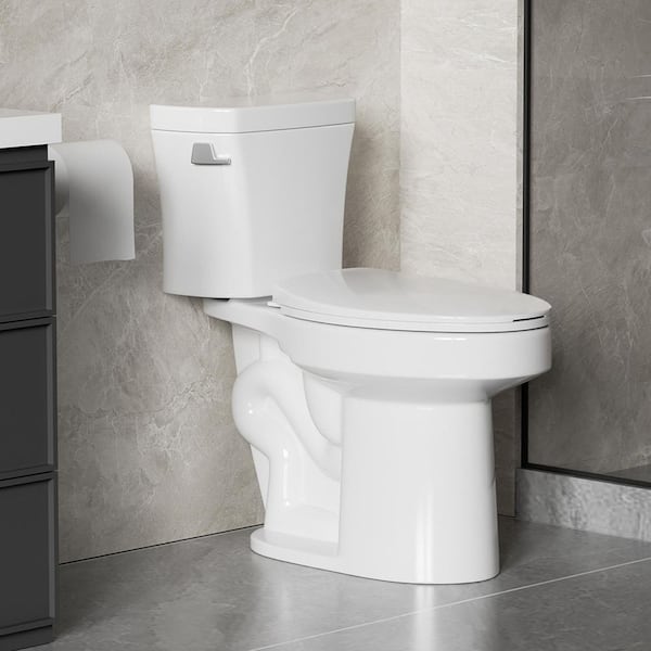 2-Piece 1.28 GPF Elongated Toilet with Side Flush Leverin Gloss White with Soft Close Seat
