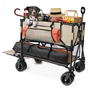 10 cu.ft. Khaki Metal Garden Cart Double Decker Wagon Cart with Wheels Foldable, 400 L Large Capacity Collapsible Wagon