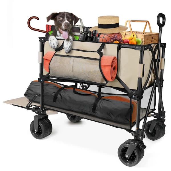SEEUTEK 10 cu. ft. Khaki Metal Garden Cart Double Decker Wagon Cart with Wheels Foldable, 400 l Large Capacity Collapsible Wagon