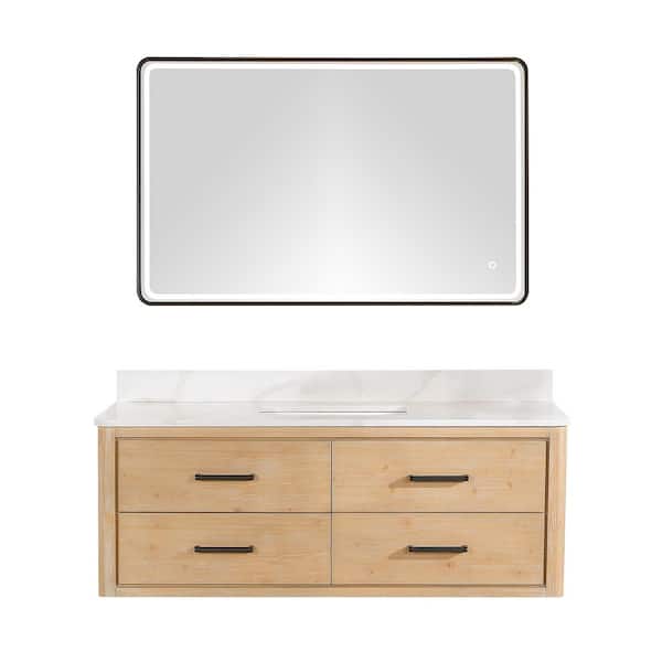 ROSWELL Cristo 55 in. W x 22 in. D x 20.6 in. H Single Sink Bath Vanity in Fir Wood Brown with White Quartz Stone Top and Mirror