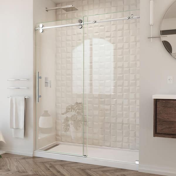 DreamLine Enigma-XO 56-60 in. W x 76 in. H Fully Frameless Sliding Shower Door in Polished Stainless Steel