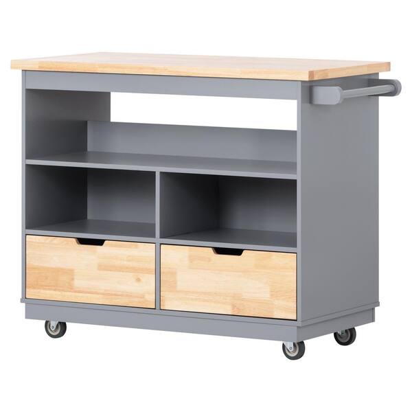 FUNKOL Blue Solid Wood 21.7 in. Kitchen Island Cart with 2-Drawers and Rolling Mobile Kitchen Island Tableware Cabinet