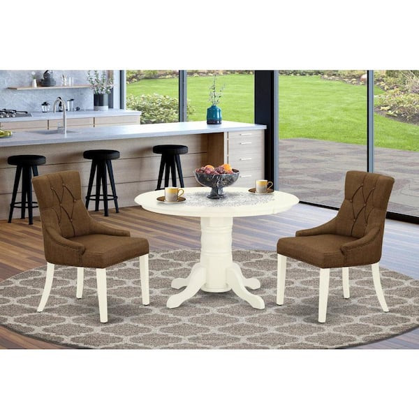 East West Furniture 3-Piece Linen white Solid Wood Top - Round Dining Room Set - Seats 4
