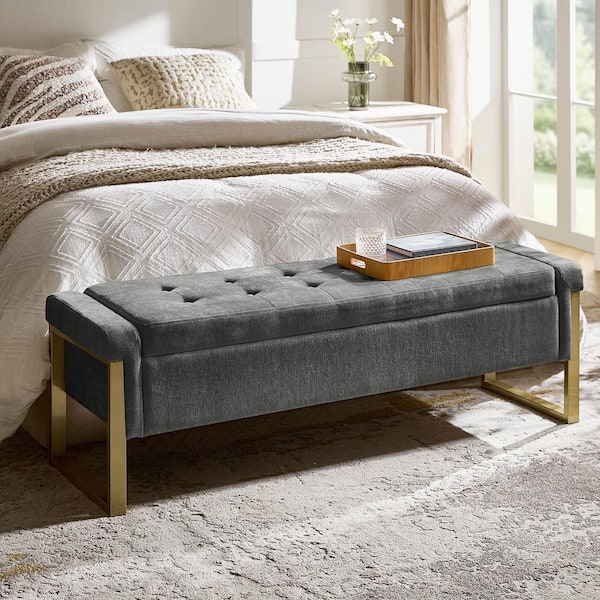 JAYDEN CREATION Alina Charcoal Modern Upholstered Flip Top Storage Bench with Metal Legs