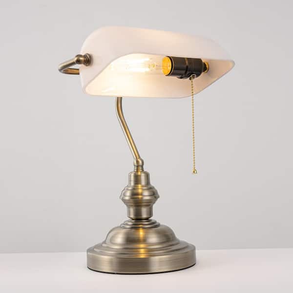YANSUN 14 in. Banker Task and Reading Gold Vintage Bedside Lamp with White Glass Shade Desk Light Pull Chain Switch for Bedroom