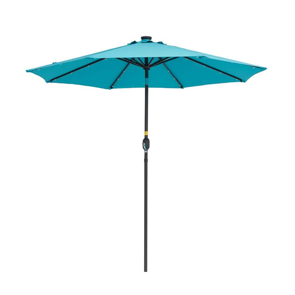9 ft. Steel Solar LED Patio Market Umbrella with 32 LED Lights in Blue Lake