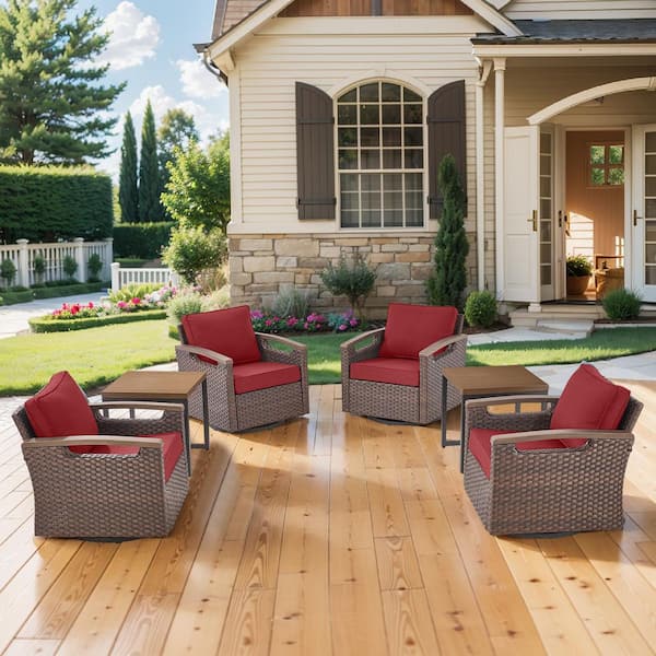 Kelsey Red 6-Piece Brown Wicker Patio Conversation Set with Swivel Rocking Chairs and Side Table