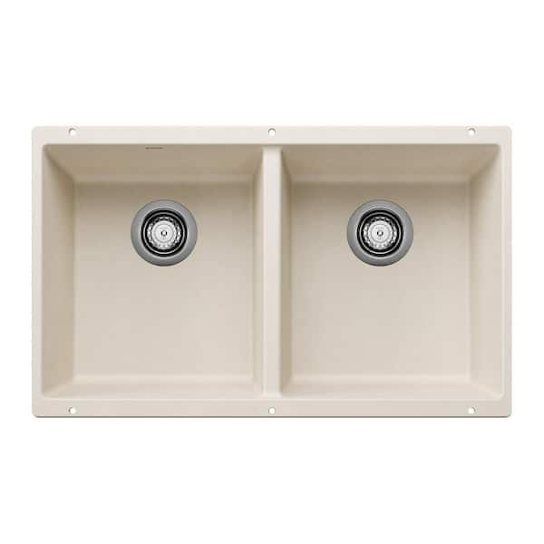 Precis Silgranit Soft White Granite Composite 29.75 in. Double Bowl 50/50 Undermount Kitchen Sink