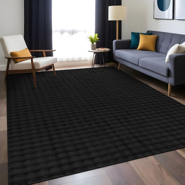 Aurora 8 ft. x 10 ft. Black Non-Slip Rubber Back Washable Polyester Checker Indoor Area Rug