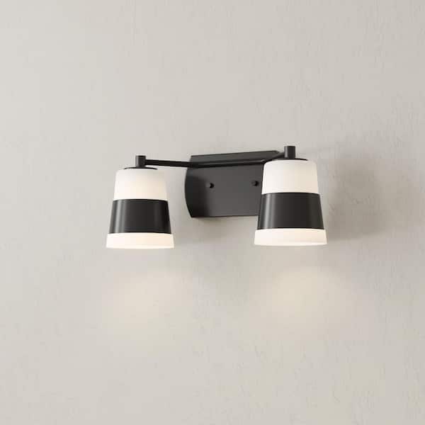 Progress Lighting Haven Collection 16 in. 2-Light Matte Black Opal Glass Luxe Industrial Vanity Light