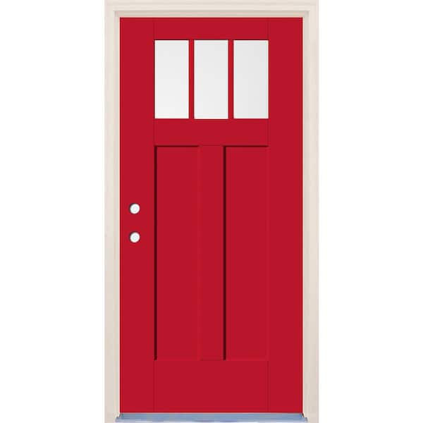 Builders Choice 36 in. x 80 in. Right-Hand 3-Lite Clear Glass Ruby Red Painted Fiberglass Prehung Front Door with 4-9/16 in. Frame