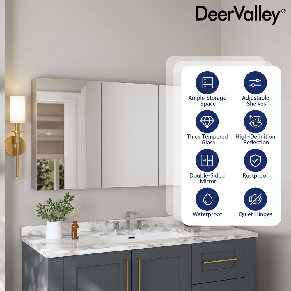 48'' Frameless Mirrored Three-Door Medicine Cabinet with Adjustable Shelves
