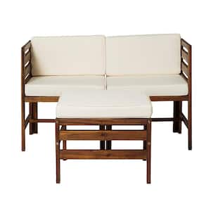Dark Brown Acacia Wood Modular Left and Right Arm Outdoor Sectional Chairs and Ottoman with Cream Cushions