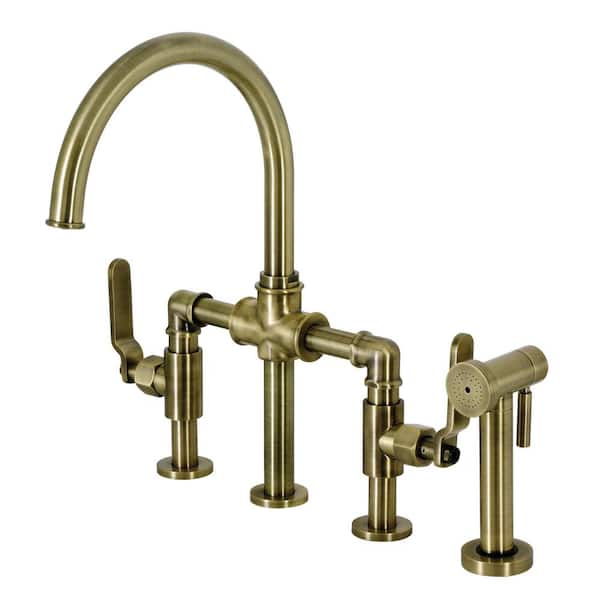 Kingston Brass Whitaker Double-Handle Deck Mount Gooseneck Bridge Kitchen Faucet with Brass Sprayer in Antique Brass