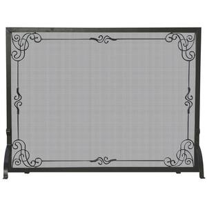 Black Wrought Iron Single-Panel Fireplace Screen with Decorative Scroll