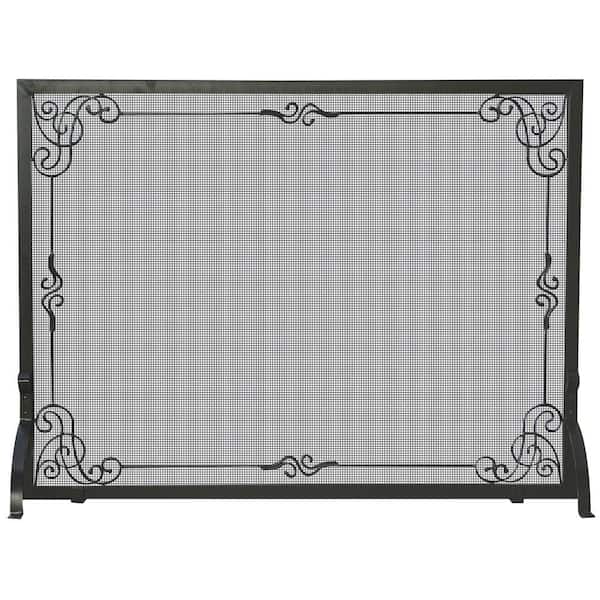 UniFlame Black Wrought Iron Single-Panel Fireplace Screen with Decorative Scroll