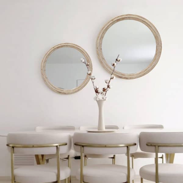 28 in. W x 28 in. H Bohemian Carved Beaded Round Wood Frame Wall Mirror Decorative Mirror