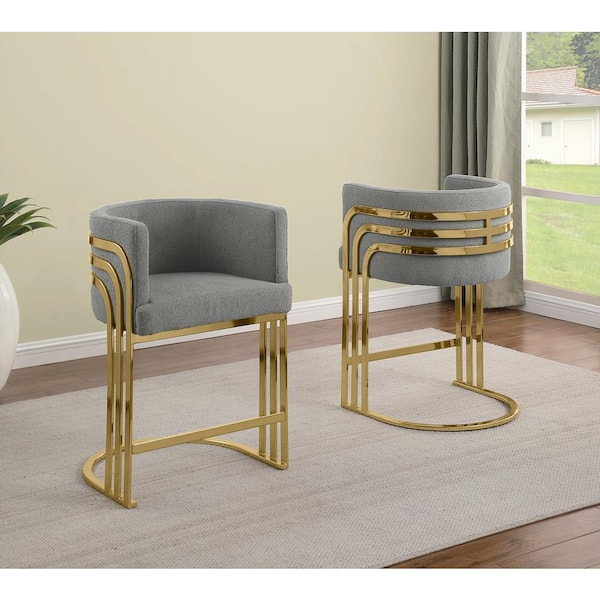 Best Quality Furniture Auron 24 in. Dark Grey Low Back Gold Metal Frame Counter Stool with Teddy Fabric Set of 2