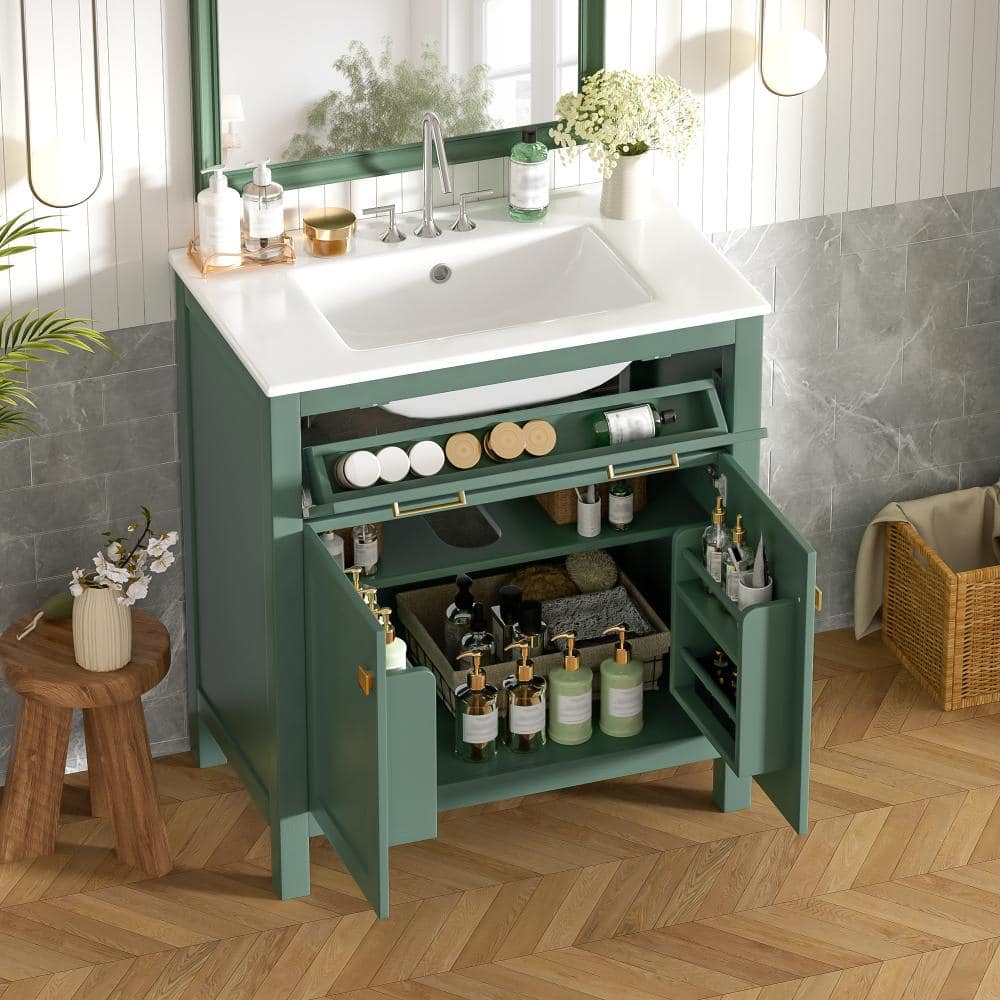30 in.Green Freestanding Bath Vanity with Ceramic Single Sink,2 Soft Close Doors,Flip Drawer,Adjustable Shelf price history on PriceWatchPro