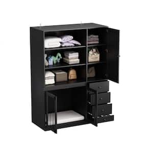 Large Wooden Heavy-Duty Dog Crate Storage Cabinet, Dog House Kennel with Dog Bowl 1 Cabinet, 3-Shelves, 4-Drawers, Black