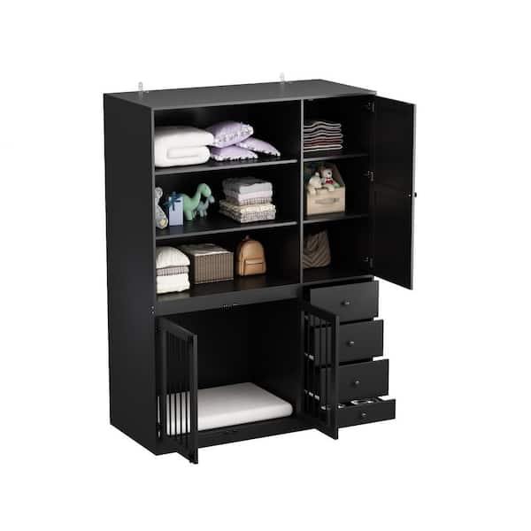 FUFU&GAGA Large Wooden Heavy-Duty Dog Crate Storage Cabinet, Dog House Kennel with Dog Bowl 1 Cabinet, 3-Shelves, 4-Drawers, Black