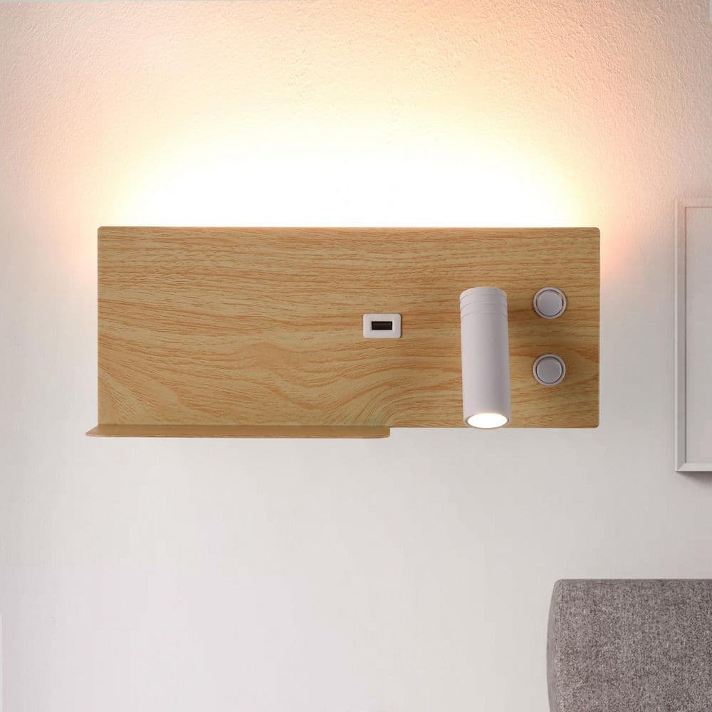Modern 11.8 in. 1 Light White LED Plug in Wall Sconces with USB Port and Wood Shelf, Right Rotatable Lampshade, 7W 2700K price history on PriceWatchPro