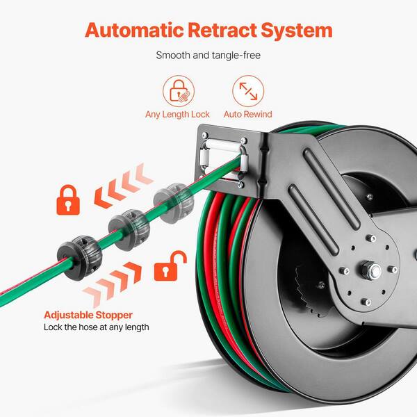 Retractable Welding Hose Reel - 1/4" X 50ft Oxygen Acetylene Rubber Hose, R Grade, 300 PSI